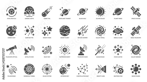 space astronomy science glyph icon, star cluster telescope optical solar system planet