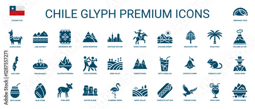 Chile set glyph icons, flag traditional food animals landmarks cultural elements