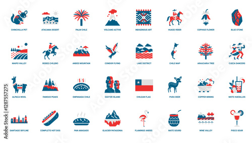 Chile country flat icons set, flamingo pisco wine