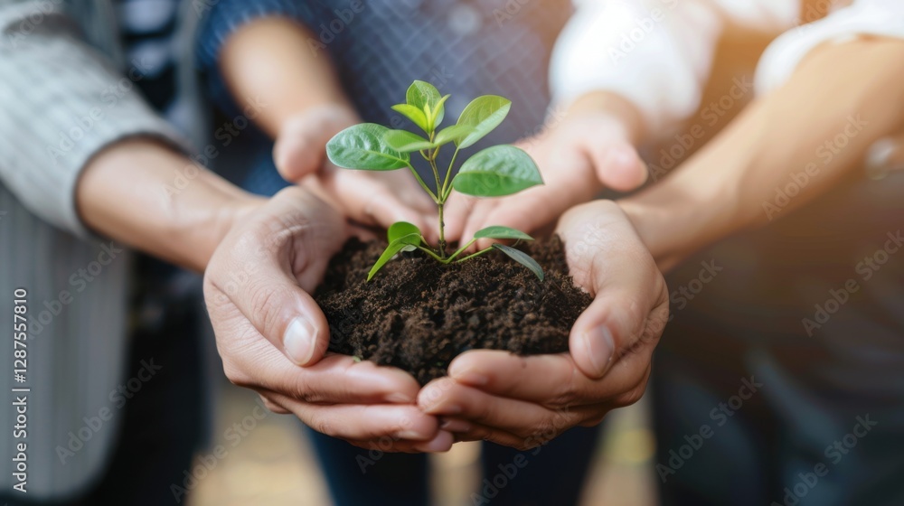 Business people holding soil and plant together, supporting Earth Day, sustainability, and eco-friendly growth.
Business people holding soil and plant together, supporting Earth Day, sustainability, and eco-friendly growth.