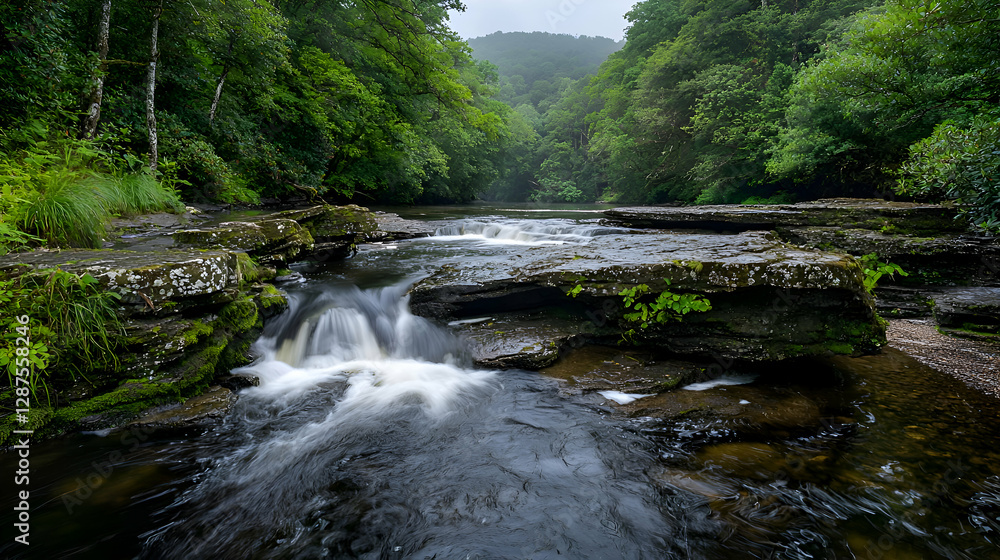 Fototapeta premium Serene River Flowing Through Lush Green Forest