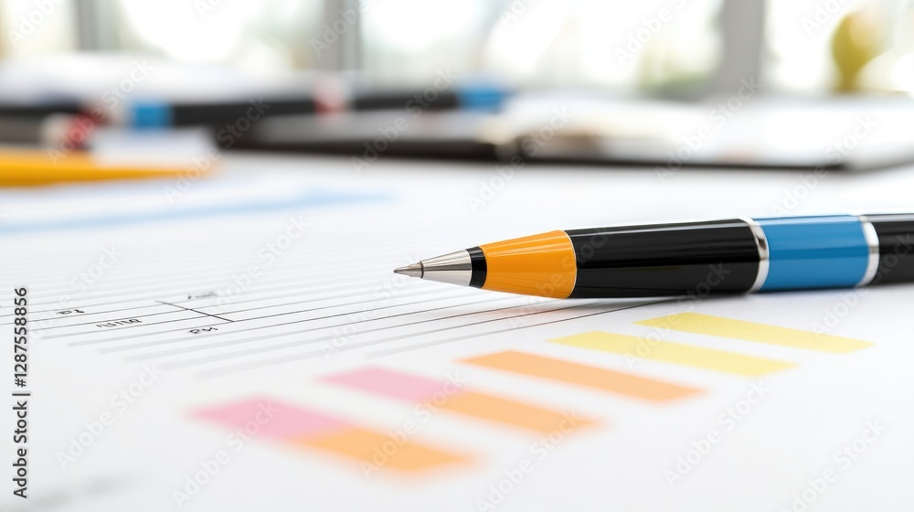 Business documents with pen, graphs, and sticky notes. Office workspace. Possible use for business presentations Business documents with pen, graphs, and sticky notes. Office workspace. Possible use for business presentations