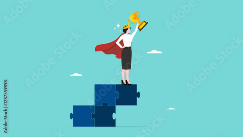 success winning businesswoman, career success or achievement, goal or target accomplishment, succeed performance or business victory, businesswoman on e ladder from puzzle standing lifting the trophy