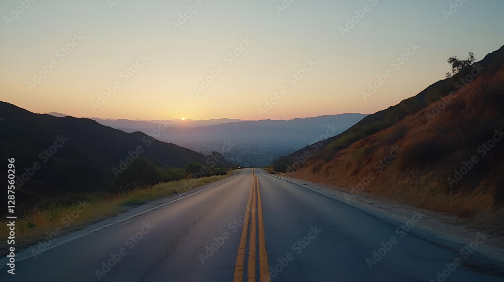 Scenic Highway at Sunrise Over City and Mountains Scenic Highway at Sunrise Over City and Mountains