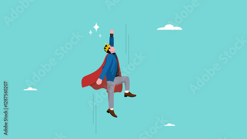 effort to growth or success in business, skill development to achieve goal and target, businessman superhero flying up concept illustration