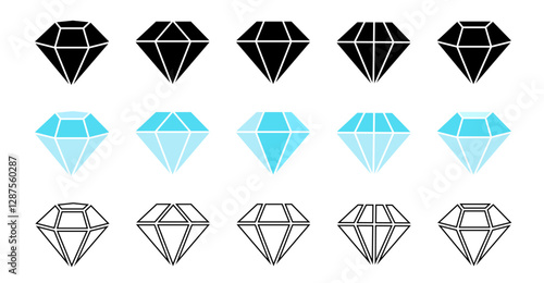 Diamond icon set. Different shapes of diamond cuts. Diamond icon set in flat style. Diamond collection icons. Diamonds logo design. Vector illustration.