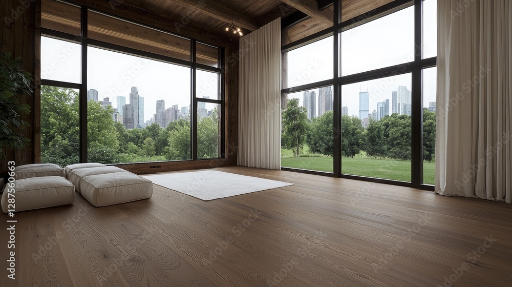 Fototapeta premium Modern room, city view, yoga mats, hardwood floor, relaxation