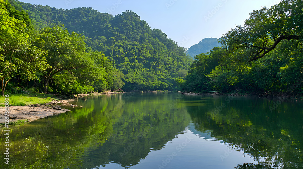 Serene River Landscape with Lush Green Vegetation and Mountain Reflections Serene River Landscape with Lush Green Vegetation and Mountain Reflections