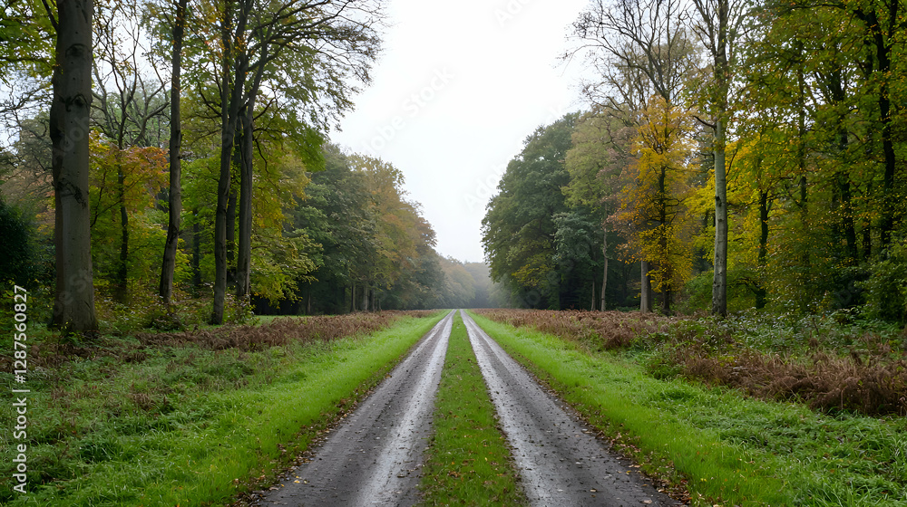 Autumnal Forest Road: A Serene Pathway Through Green and Gold Foliage Autumnal Forest Road: A Serene Pathway Through Green and Gold Foliage