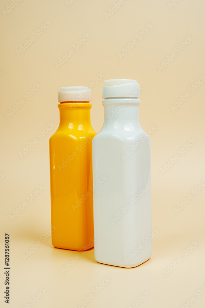 Shampoo and hair conditioner on a beige background. Foam and soap bubbles. Space for text. Advertising banner, mockup Shampoo and hair conditioner on a beige background. Foam and soap bubbles. Space for text. Advertising banner, mockup
