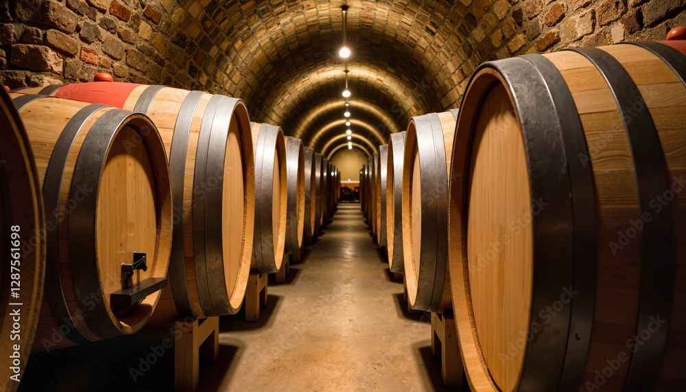 Symmetrical oak barrels lined up in winery cellar, rich heritage Symmetrical oak barrels lined up in winery cellar, rich heritage