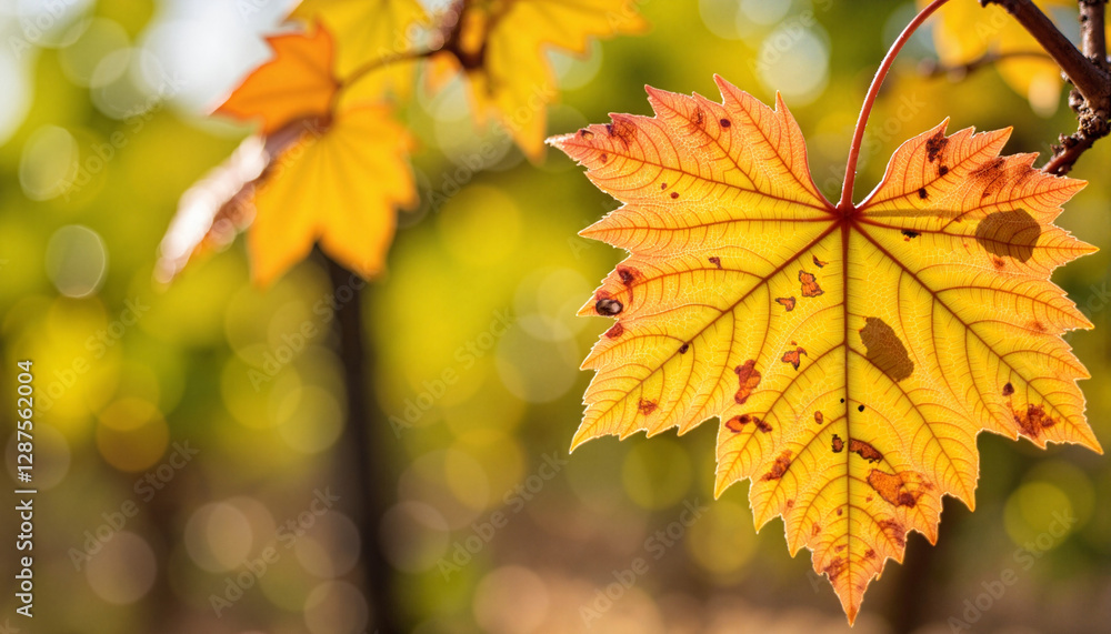Golden grape leaf highlighting autumn's beauty in vineyard, seasonal change Golden grape leaf highlighting autumn's beauty in vineyard, seasonal change