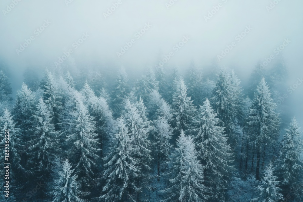 Fog covering snowy pine trees in a winter forest Fog covering snowy pine trees in a winter forest