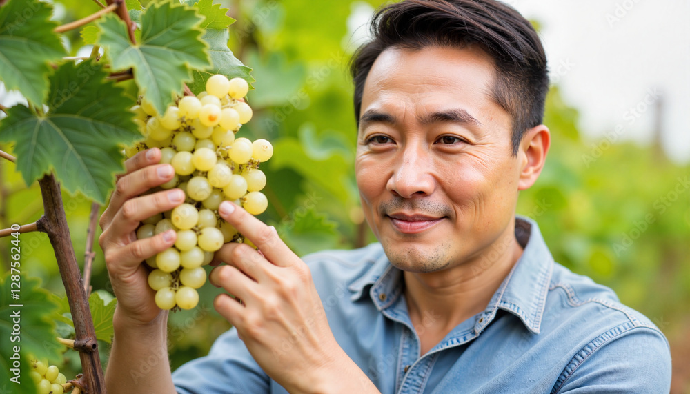 Middle-aged Asian man appreciating white wine grapes in vineyard, cultivation Middle-aged Asian man appreciating white wine grapes in vineyard, cultivation