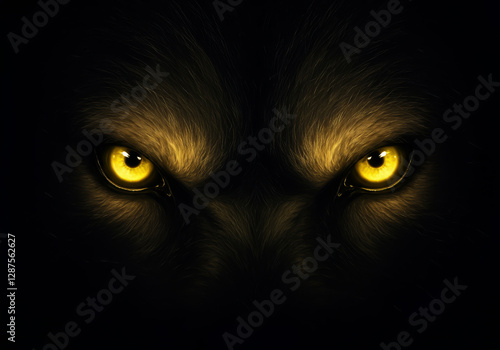Intense golden eyes stare out from dark furry face