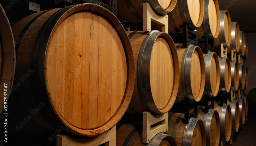 Row of stacked wine barrels aging in dimly lit winery, vintage elegance Row of stacked wine barrels aging in dimly lit winery, vintage elegance