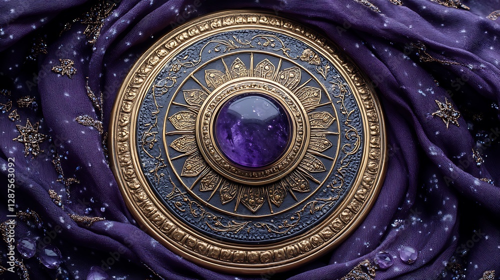 Fototapeta premium a round gold and purple object with a round stone in center