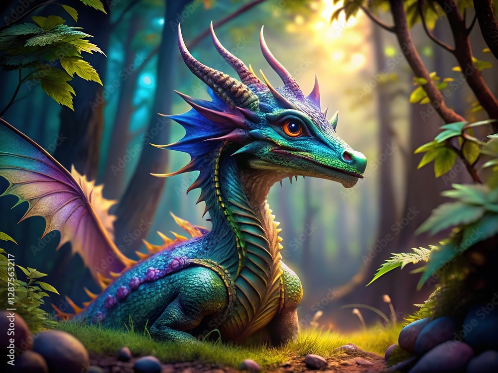 Obraz premium Fantasy Dragon, Blue Green Purple, Long Neck, Dark Forest, Mythical Creature Stock Photo
