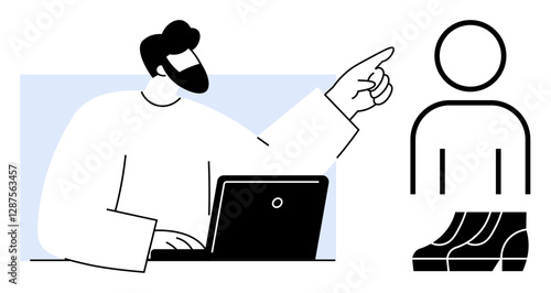Manager interacting with team member, pointing decisively while using a laptop. Ideal for business leadership, communication, teamwork, task delegation, remote work, decision-making, project