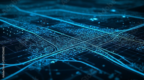 A city business hub map with blueprint aesthetics, highlighting key sectors in cyan