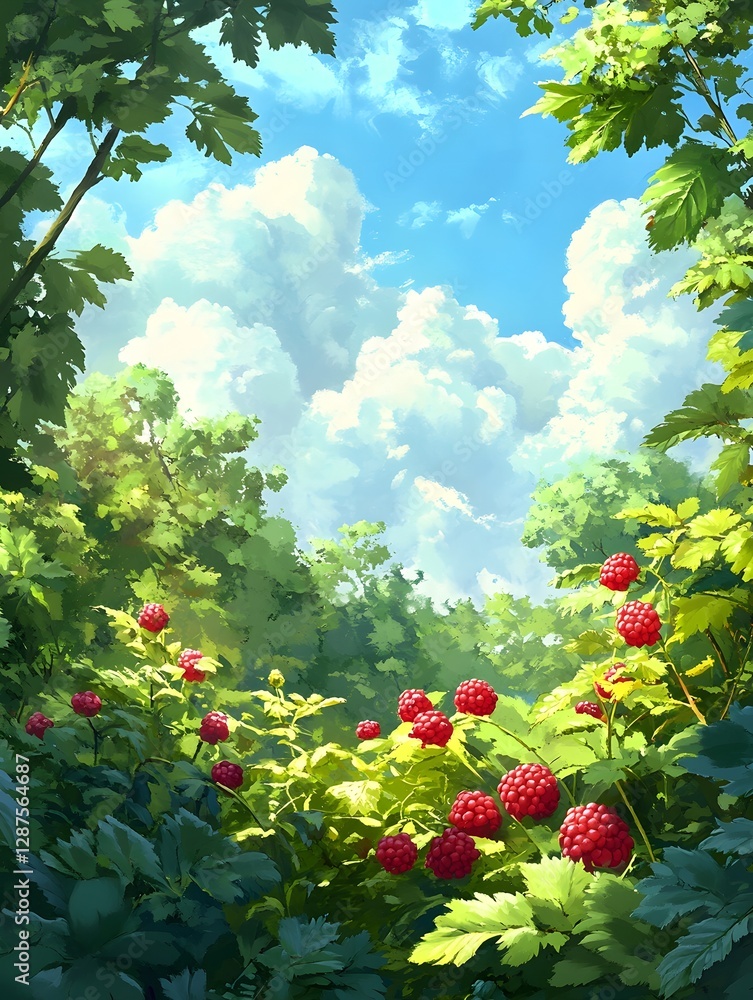 Vibrant raspberries in green bushes Vibrant raspberries in green bushes