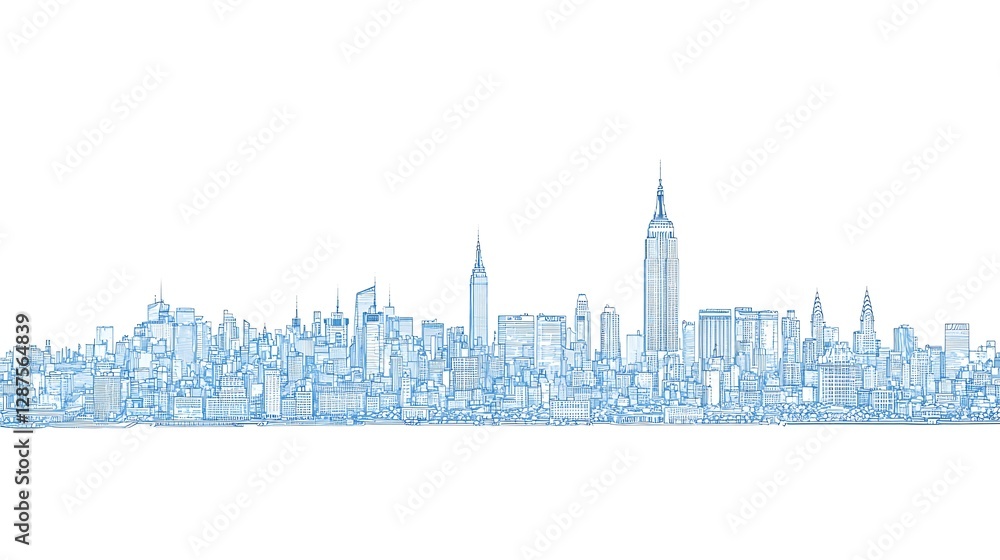 Naklejka premium A blueprint-style city skyline with only one building isolated in bright white