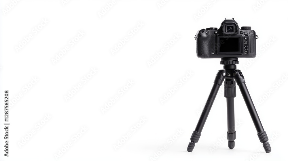 Black DSLR Camera on Tripod, White Background Black DSLR Camera on Tripod, White Background