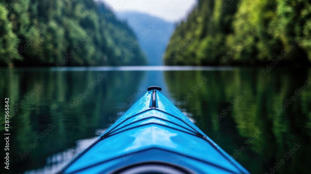 Fototapeta premium Blue kayak floating on a calm river surrounded by lush green forested mountains.