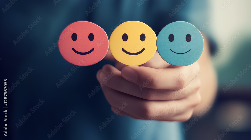 Niche marketing and customer satisfaction survey. Market research and segmentation strategy. Marketer touching customer best review face icon Niche marketing and customer satisfaction survey. Market research and segmentation strategy. Marketer touching customer best review face icon