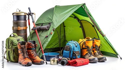 High-Quality Outdoor Gear: Backpacks, Tents, Sleeping Bags, Hiking Boots & Trekking Poles Isolated on White