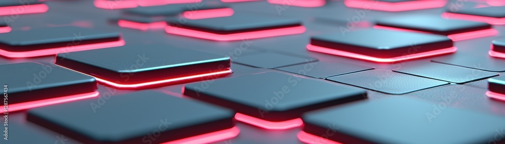 A close-up view of dark, glossy tiles illuminated by vibrant pink lights, creating a modern and futuristic aesthetic.