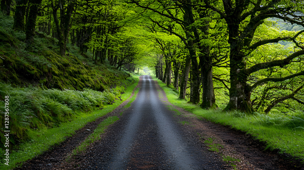 Naklejka premium Lush Green Forest Path Sunlight Dappled Road