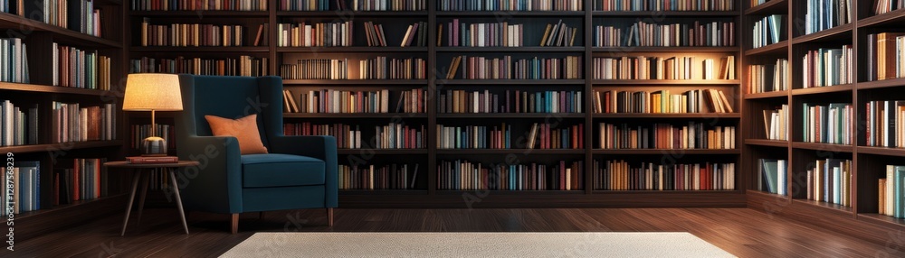 Fototapeta premium A cozy library scene featuring a blue armchair, a small lamp, and walls lined with books, creating a warm reading atmosphere.