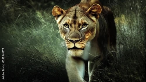 The lioness prowled through the tall grass, her keen eyes searching for prey in the distance.