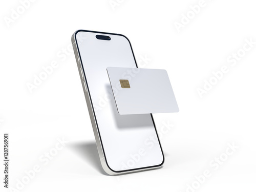 Smartphone and plastic credit card templates. Empty debit card with chip card isolated on background. Mockup empty concept for saving money wealth and financial, technology payment, digital purchase.