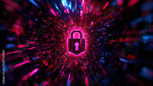 A vibrant digital lock symbol surrounded by colorful light beams, representing cybersecurity and data protection in a futuristic setting.