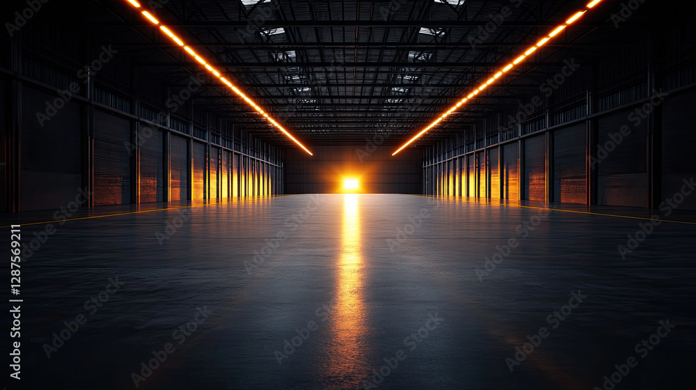 A dimly lit warehouse features a glowing sunset at the end, highlighting the expansive, reflective floor and creating a dramatic atmosphere. A dimly lit warehouse features a glowing sunset at the end, highlighting the expansive, reflective floor and creating a dramatic atmosphere.