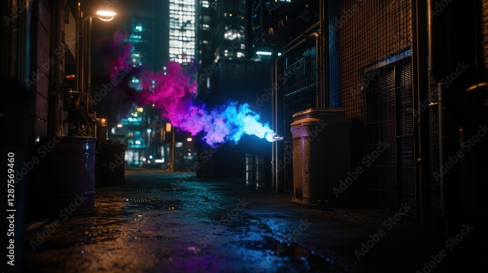 Obraz premium Vibrant smoke billowing from a container in a neon-lit urban alley at night