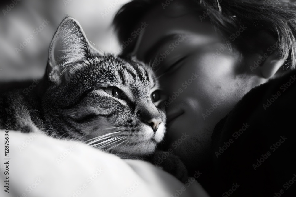 Tabby cat resting near its owner's face showing love and affection Tabby cat resting near its owner's face showing love and affection