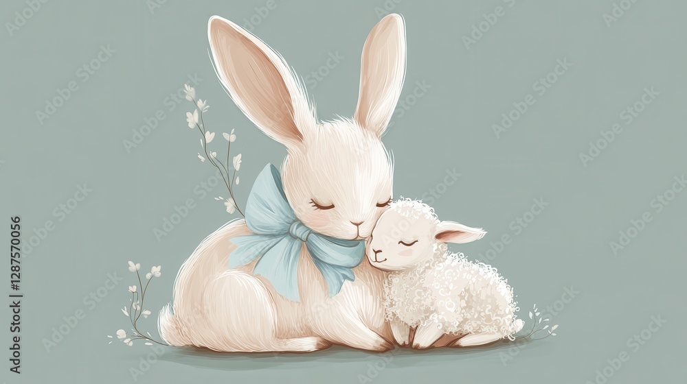 Obraz premium Whimsical Embrace of Bunny and Lamb in Pastel