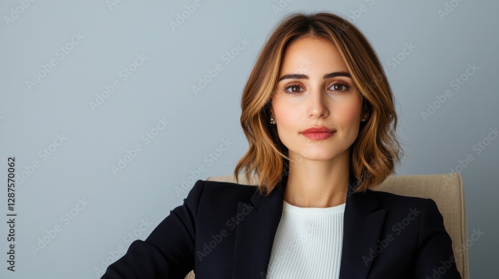 A confident woman with shoulder-length hair poses in a blazer against a pale background, exuding professionalism and poise. A confident woman with shoulder-length hair poses in a blazer against a pale background, exuding professionalism and poise.