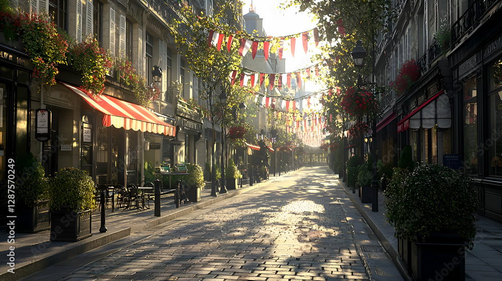 Fototapeta premium Sunlit Cobblestone Street with Festive Flags in European City