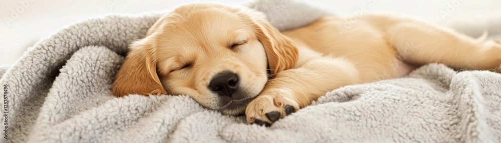 A sleepy golden puppy rests peacefully on a soft blanket, radiating warmth and cuteness. A sleepy golden puppy rests peacefully on a soft blanket, radiating warmth and cuteness.