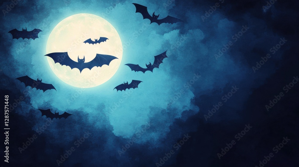 A haunting night scene features a full moon surrounded by dark clouds and silhouettes of bats in flight. A haunting night scene features a full moon surrounded by dark clouds and silhouettes of bats in flight.