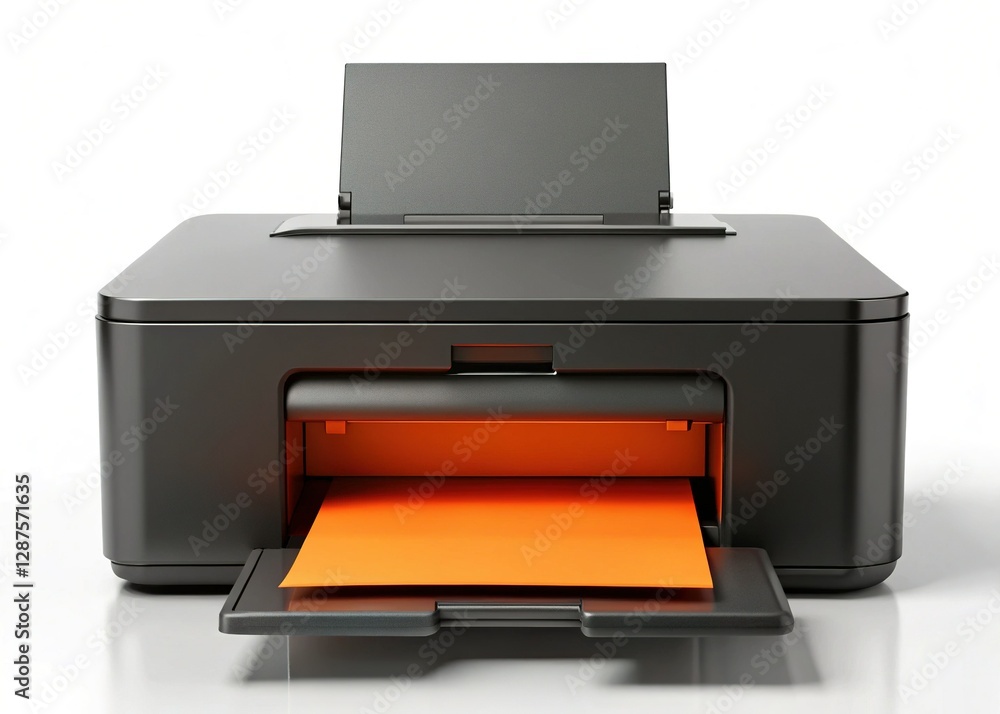 Sleek Black Office Printer with Orange Accent - Modern Design, Open Tray Sleek Black Office Printer with Orange Accent - Modern Design, Open Tray