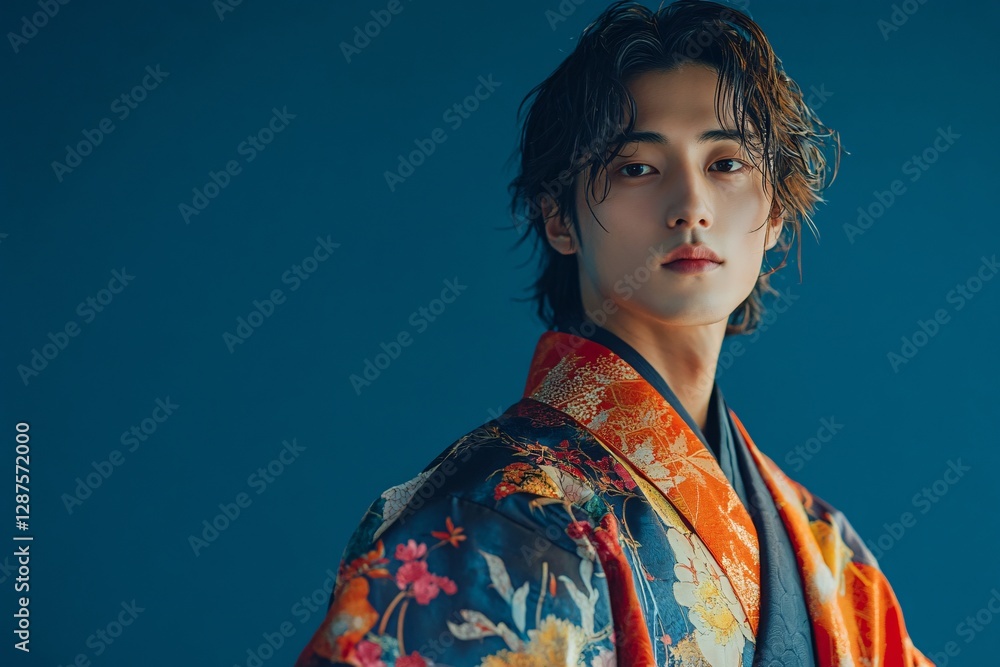 A young man in an ornamental Japanese garment poses thoughtfully