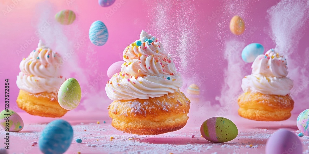 Floating cream-filled Easter pastries with sugar dust on neon backdrop Floating cream-filled Easter pastries with sugar dust on neon backdrop