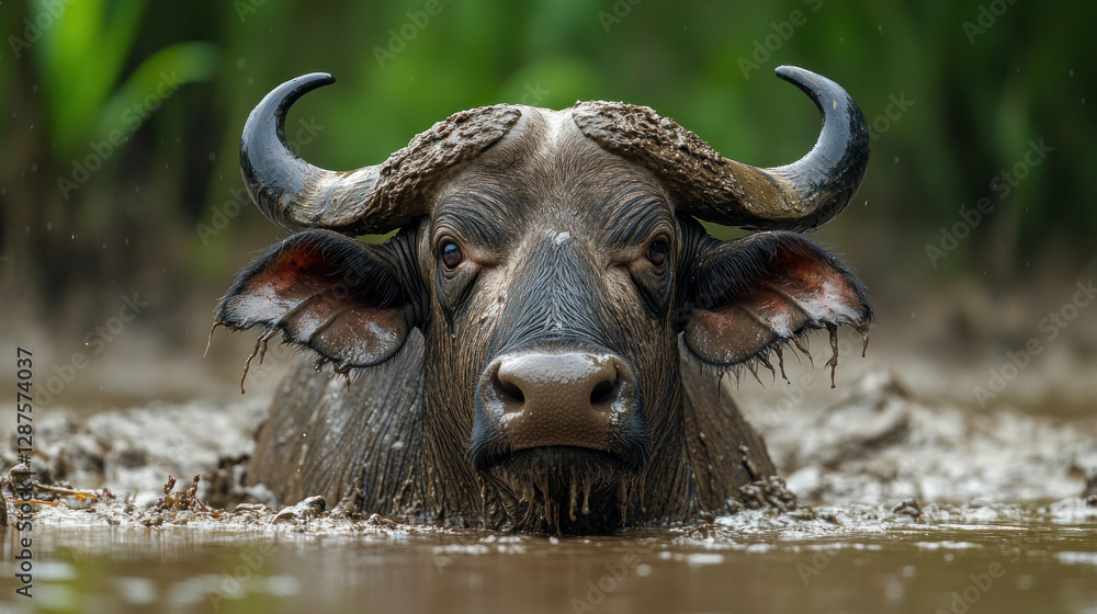 Fototapeta premium A majestic buffalo standing in a muddy rice paddy, powerful and proud