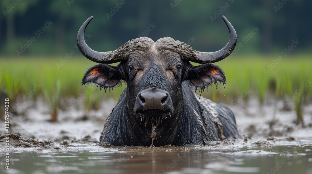 A majestic buffalo standing in a muddy rice paddy, powerful and proud A majestic buffalo standing in a muddy rice paddy, powerful and proud