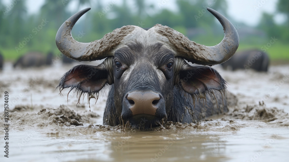 Naklejka premium A majestic buffalo standing in a muddy rice paddy, powerful and proud